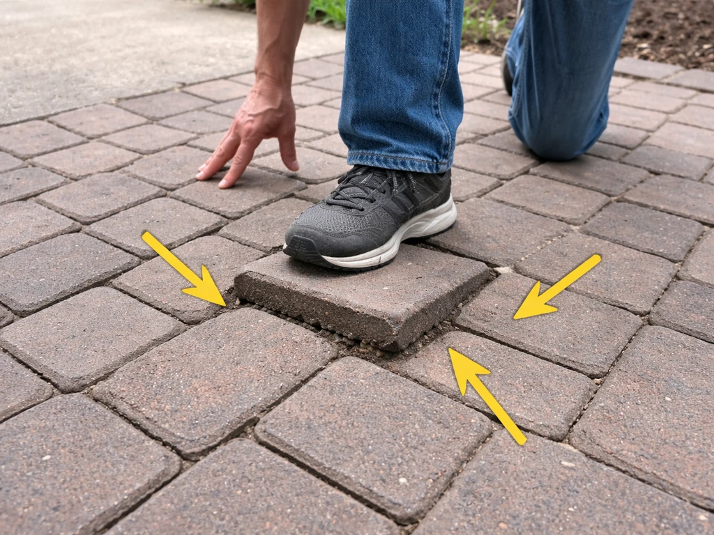 Homeowner stepping on a loose patio brick that rocks upward, with ground arrow markers showing the issue.