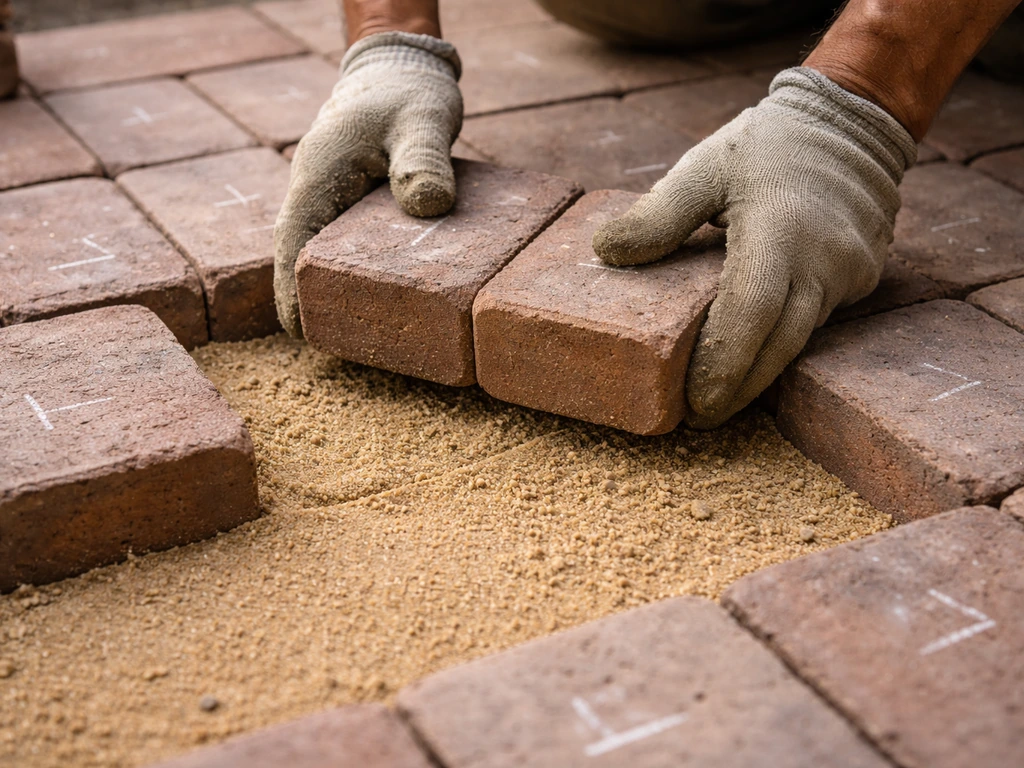 Close-up of loose dry-laid patio bricks being lifted and relaid over a leveled sand bed