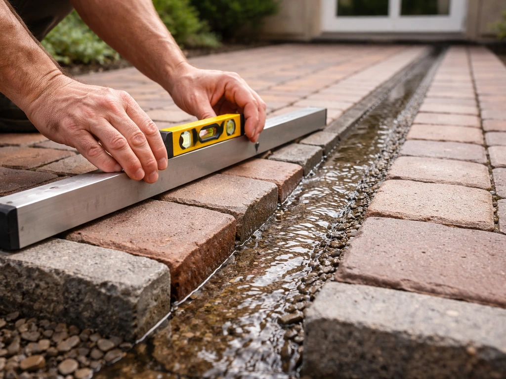 Hands checking patio slope with a level; water flows away from a brick corner toward drainage.