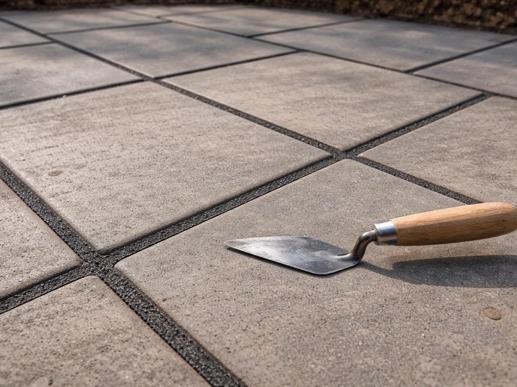 Freshly repointed patio slabs with clean joints, sealed-looking finish and a visible jointing trowel nearby.