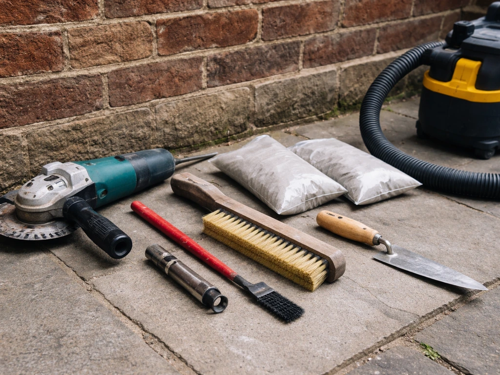 Repointing supplies laid out on-site: angle grinder, mortar rake disc, brushes, vacuum, filler and trowel.