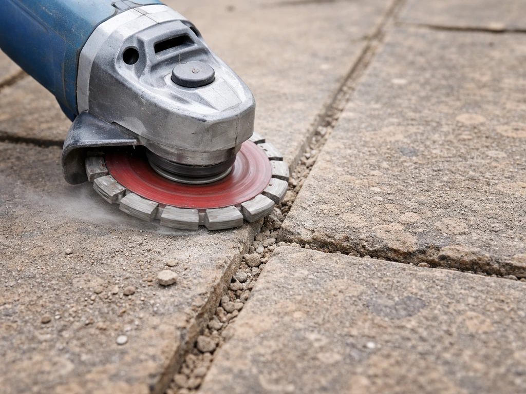Angle grinder with mortar raking disc cutting out old joint material along patio slab edges
