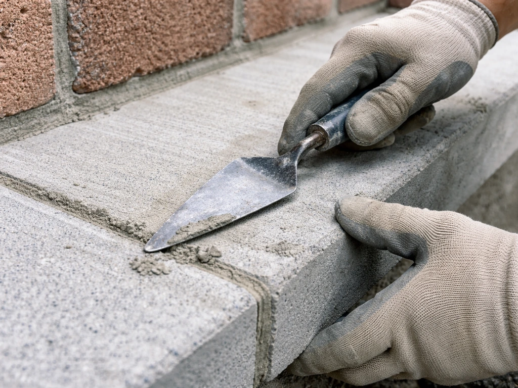 Hands finishing a masonry joint with a pointing trowel, smoothing excess mortar on a concrete slab