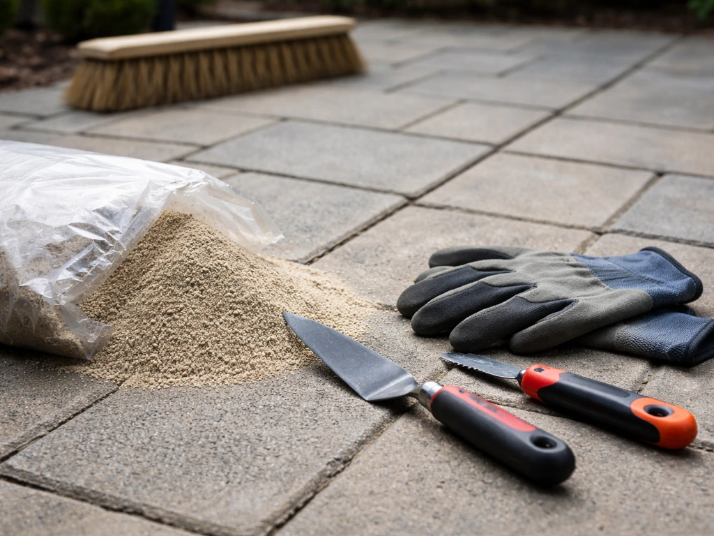 Supplies laid out on a patio: polymeric jointing sand, broom, trowel, blade, and gloves ready to start.