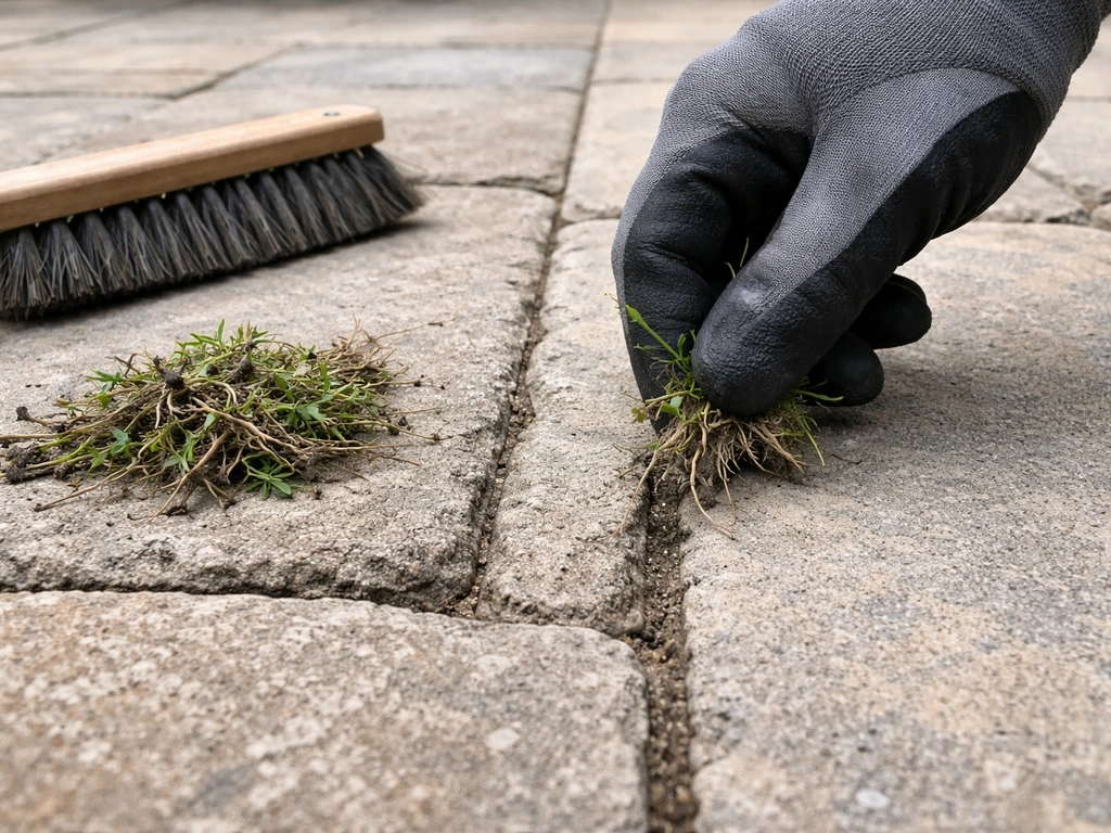 Gloved hand pulling weeds from patio paver joints while loose debris is cleared out.