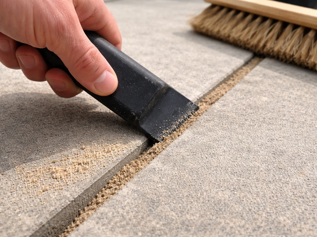 Hand pushing polymeric sand into patio slab joints, tool pressed into the gap, excess brushed flush.