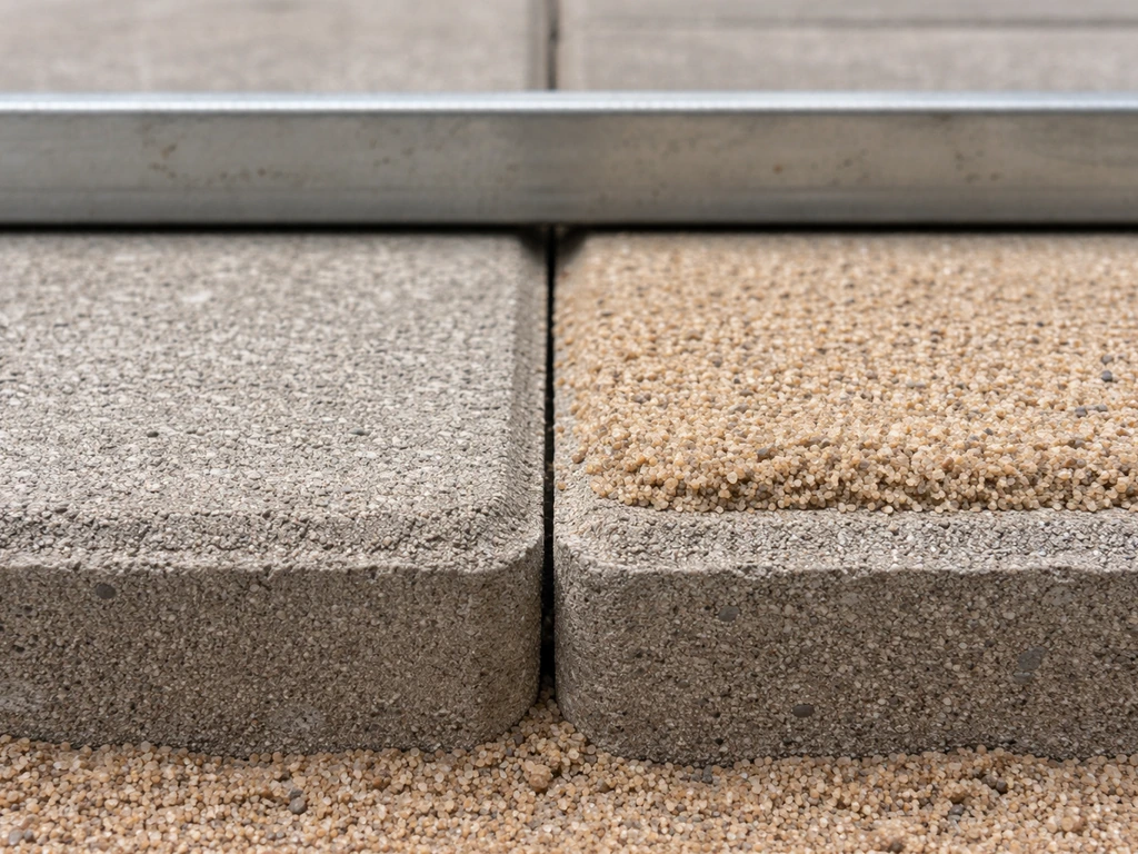 Polymeric sand set slightly below a concrete paver’s top edge, with a shallow flush-proud gap nearby.