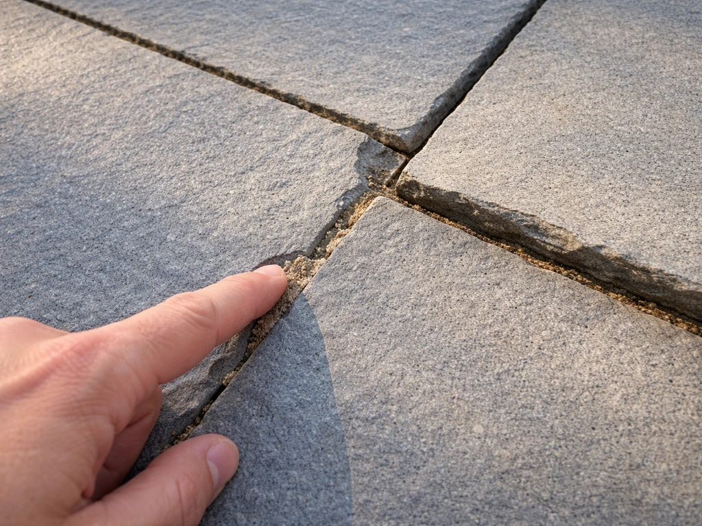 Homeowner’s hand pointing at a bluestone slab crack and spalled corner on a patio