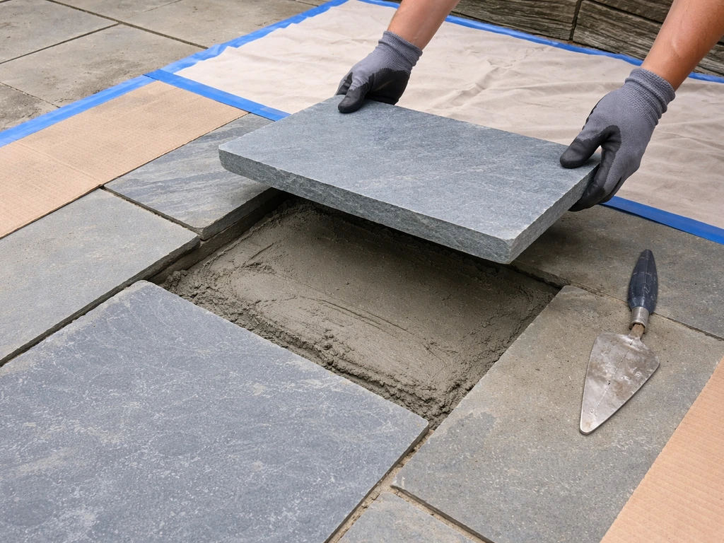 Gloved hands align a new bluestone slab into place over a mortar bed while neighbors are protected.