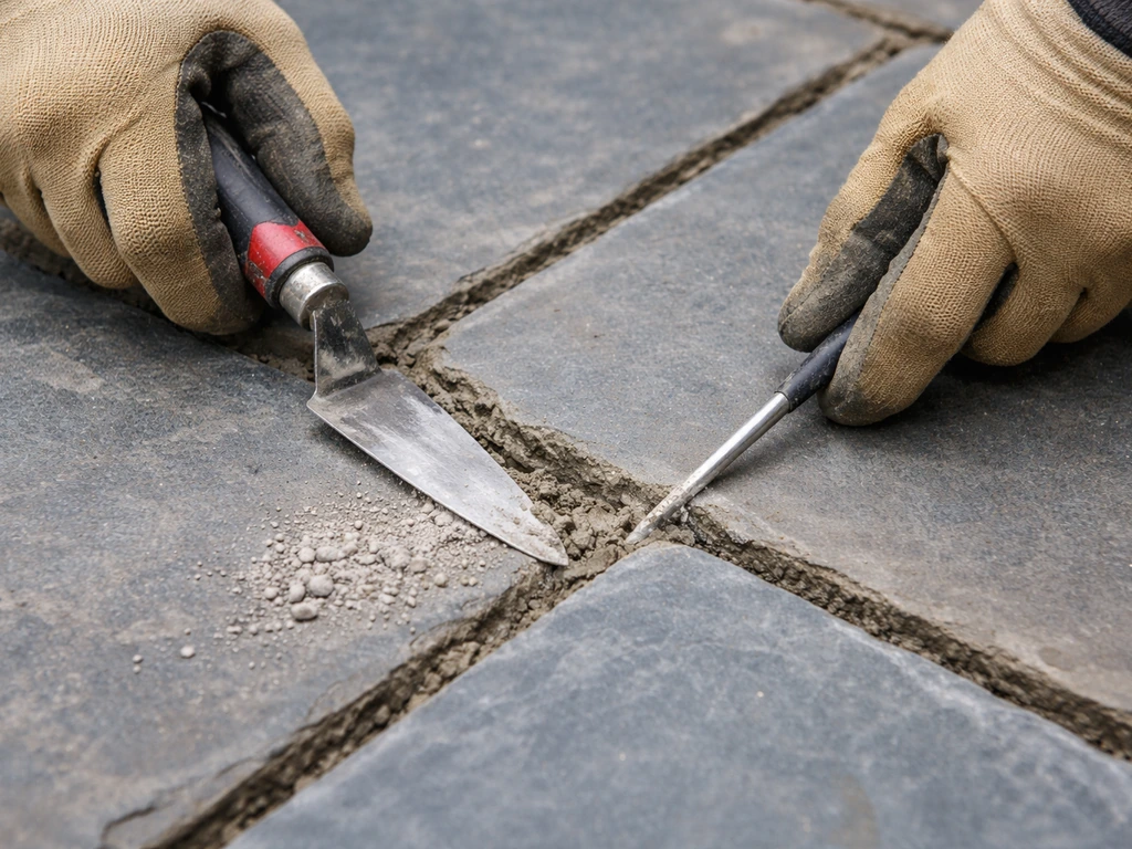 Hand tools repointing mortar joints between bluestone pavers on a patio