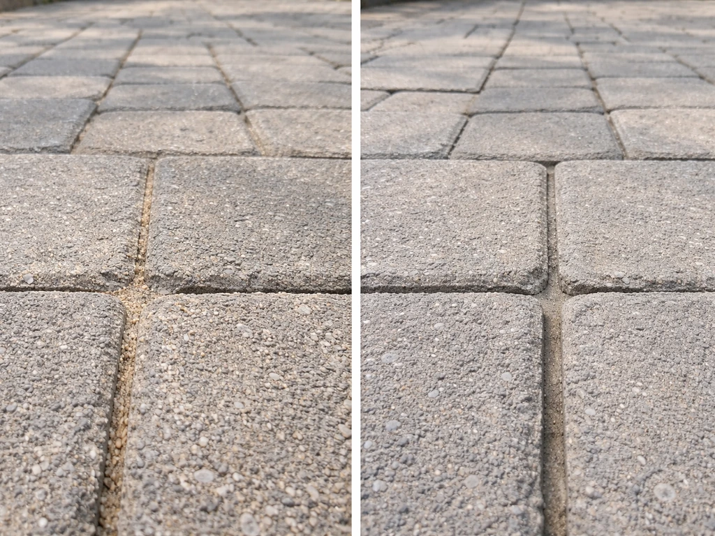 Split view of two patio sections: one with sand-filled paver joints, one with mortar-filled joints.