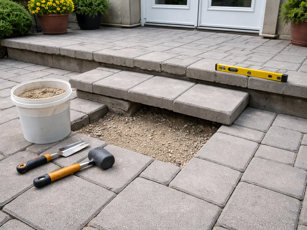 Patio steps with a partially lifted paver section being repaired, tools set nearby on a concrete walkway.