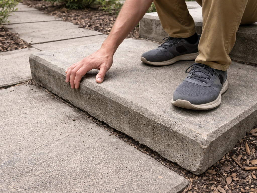 Person’s hand and foot testing a loose patio step for movement, no tools, early daylight.