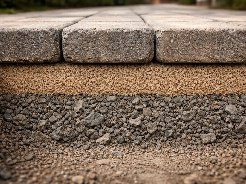 Close-up of pavers on bedding sand over compacted gravel base for step construction layers.