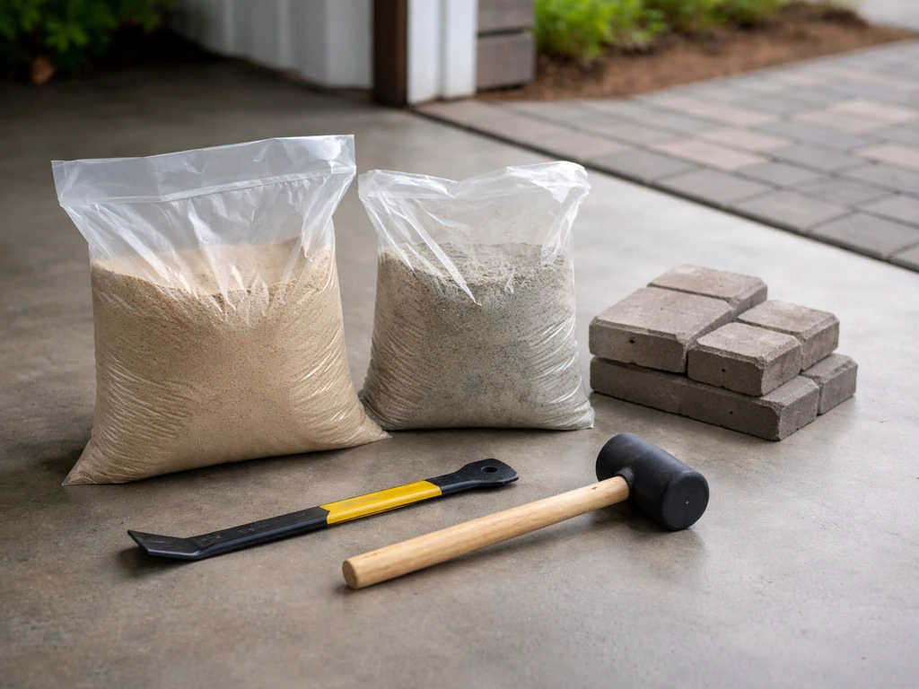 Pry bar, rubber mallet, leveling sand, and polymeric sand/mortar components laid out for a paver repair.