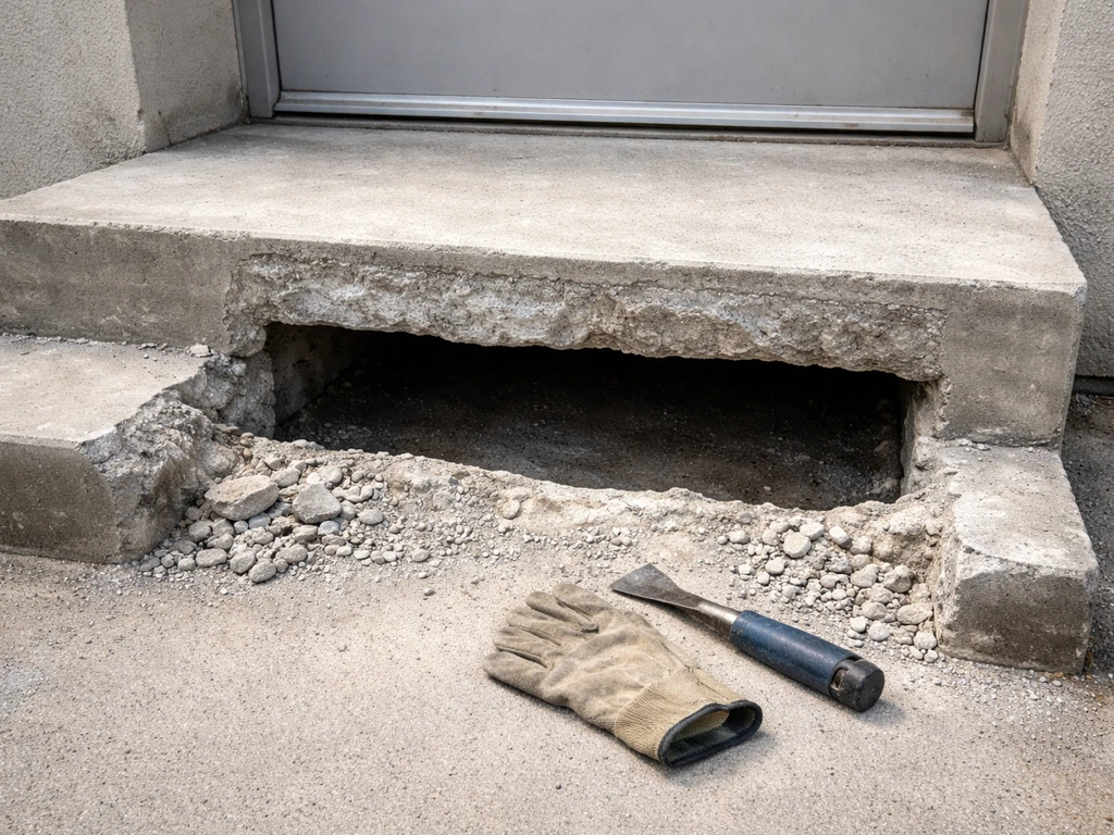 Worker exposing a hollow void under concrete steps with rubble cleared for base stabilization.