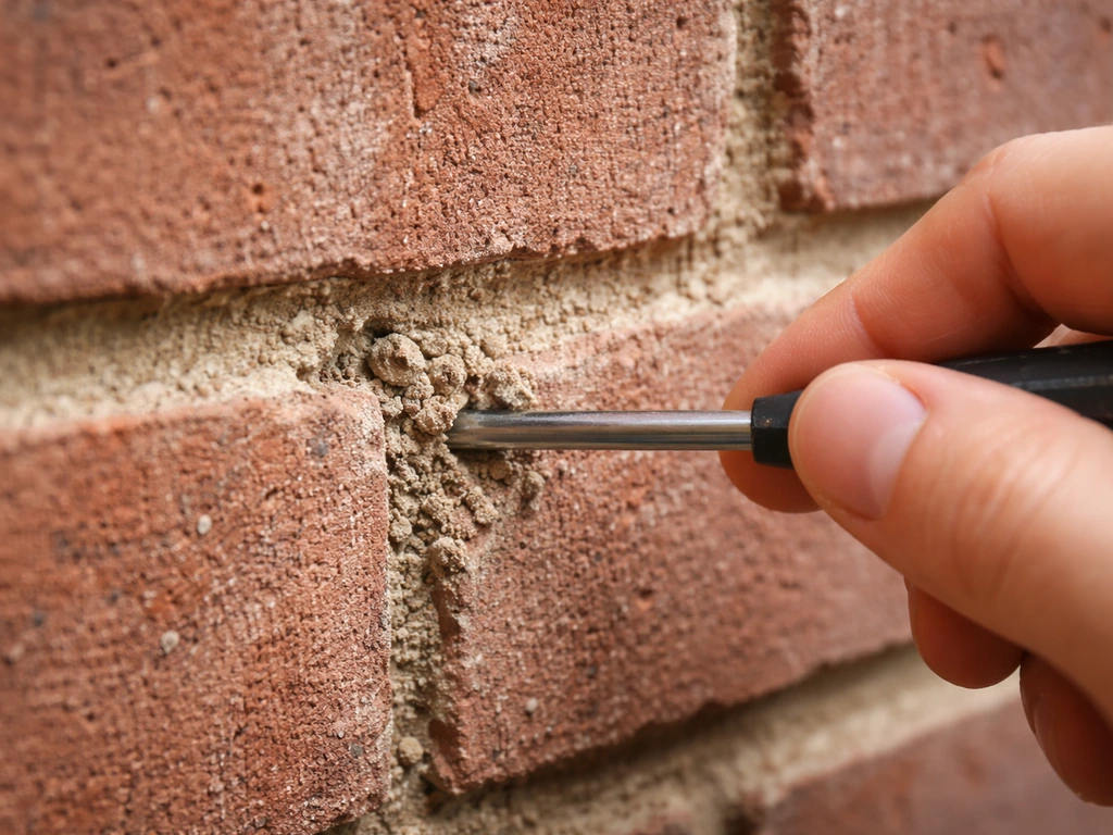 Hand pokes a brick mortar joint with a screwdriver; the mortar crumbles and flakes away.