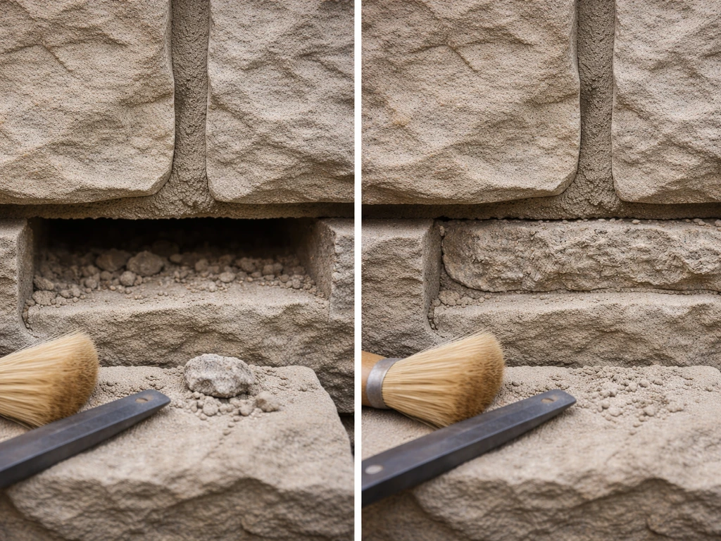 Closeup side-by-side showing removed old mortar and remaining mortar in a stone joint, stones intact.