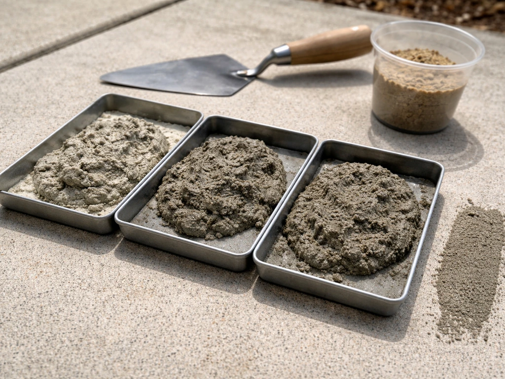 Close-up of small mortar samples with different pigment mixes beside cured patio mortar for color matching.