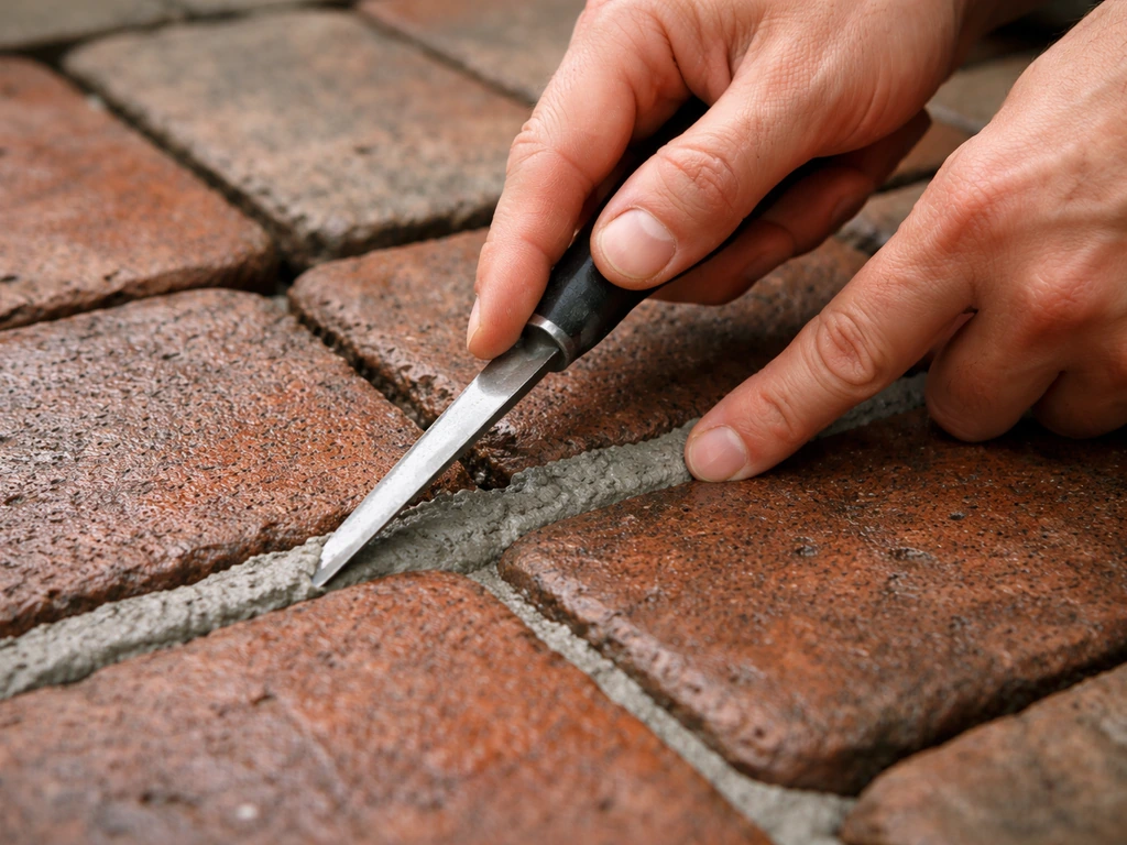 Close-up of hands using a tuckpointing tool to pack and finish mortar flush in a brick patio joint.