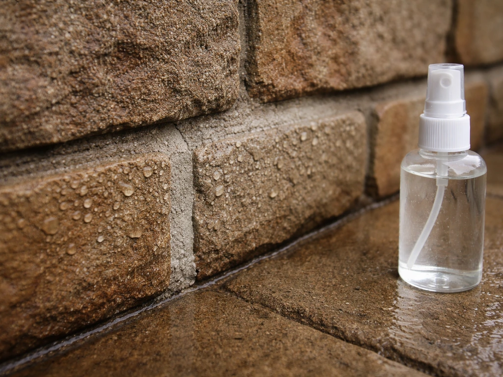 Close-up of a repaired patio mortar joint being lightly misted for curing next to a sealer bottle.