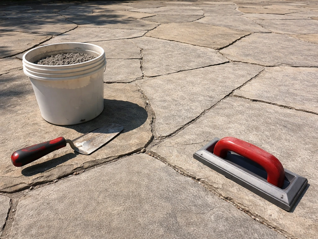 Flagstone patio with visible cracked joints and an empty trowel-and-mortar setup for DIY filling.