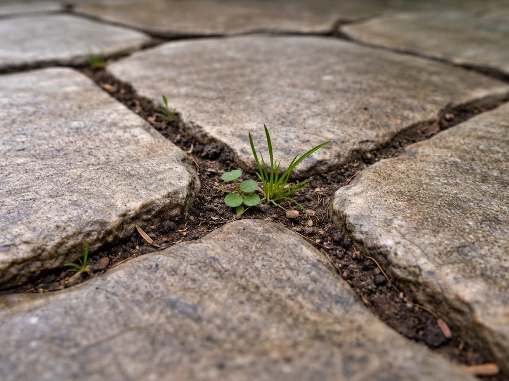 Close-up of flagstone patio joints where sand/mortar washed out and weeds sprout between stones