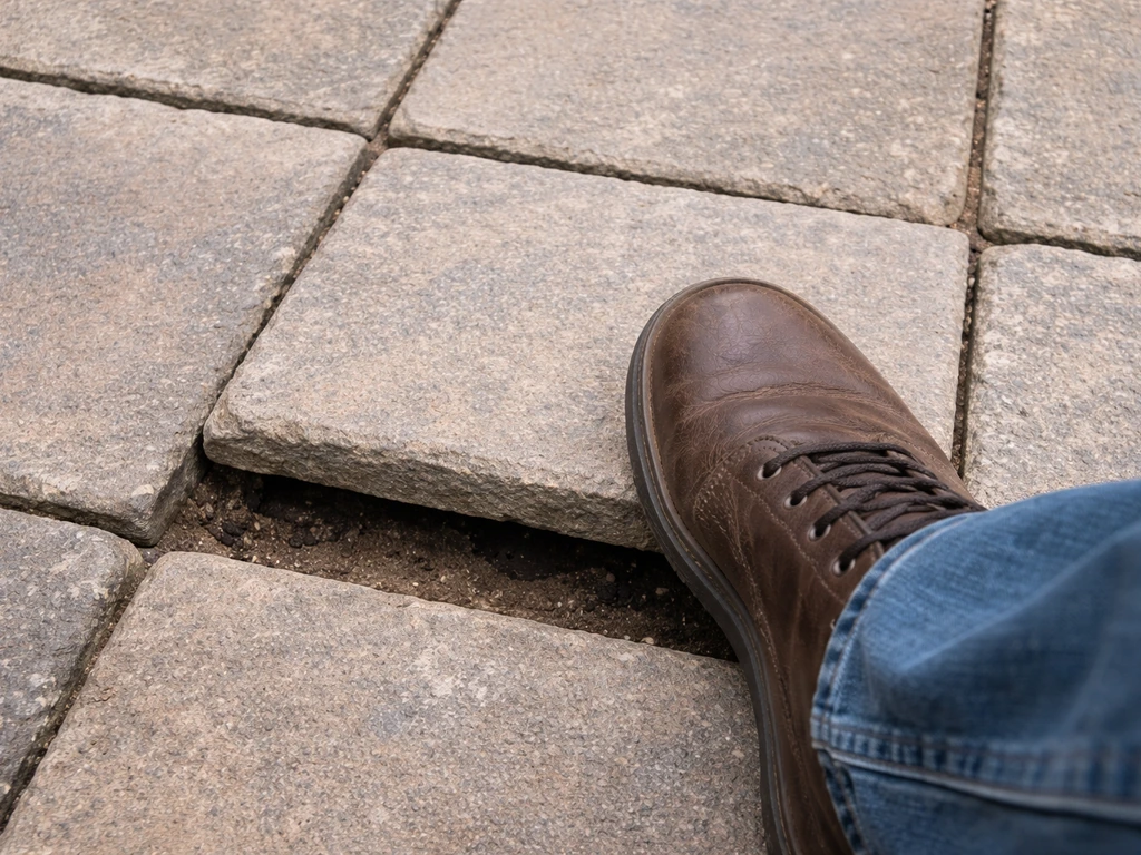Top-down view of a person stepping on a rocking flagstone, showing a visible gap under the stone.