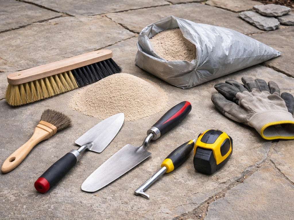 DIY tools and jointing materials laid out for flagstone patio joint repairs.