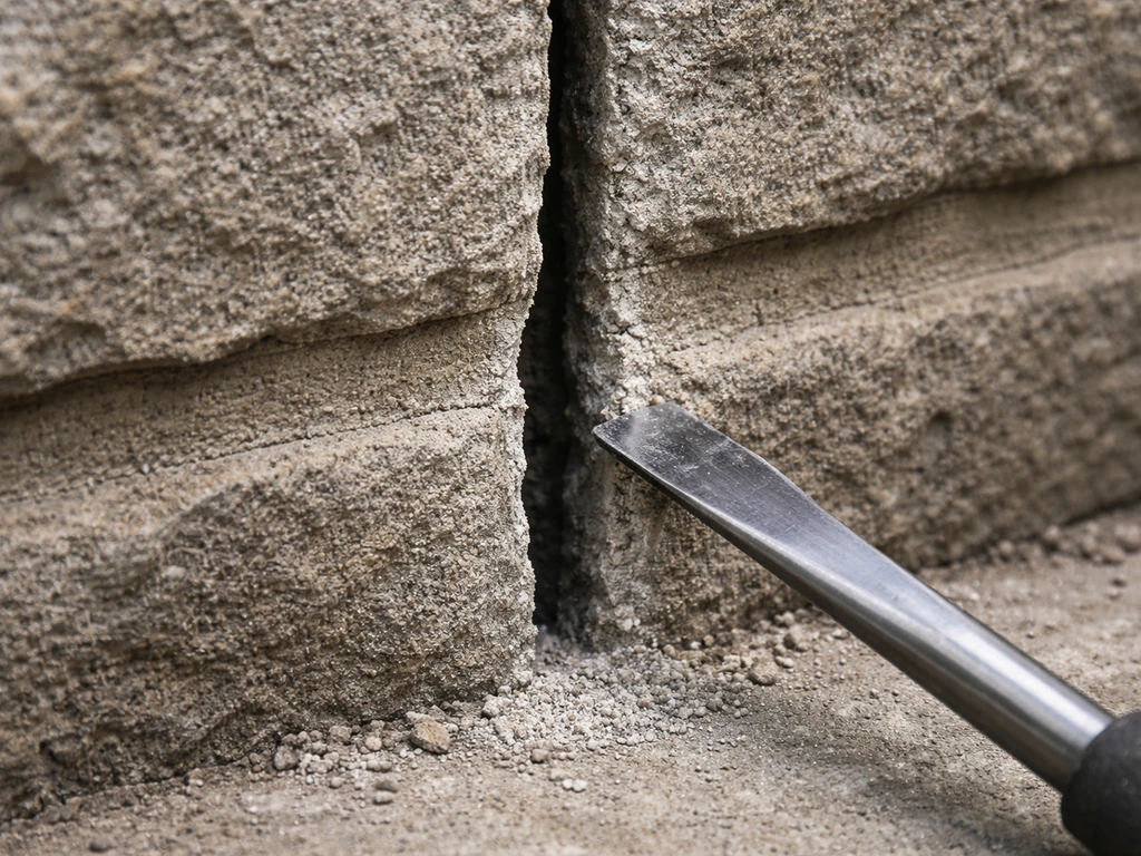 Close-up of a masonry crack/joint cavity being scraped clean with a flat chisel tool, debris removed.