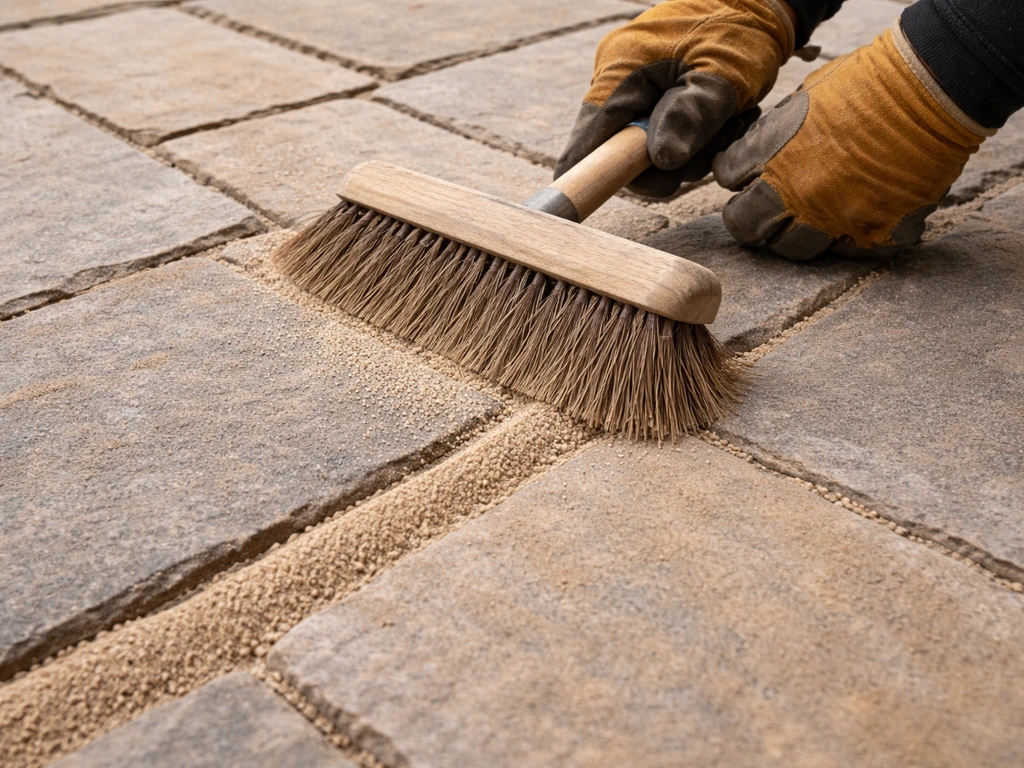 Gloved hands sweeping polymeric sand into dry flagstone joints, sand filling the gaps level with stone.
