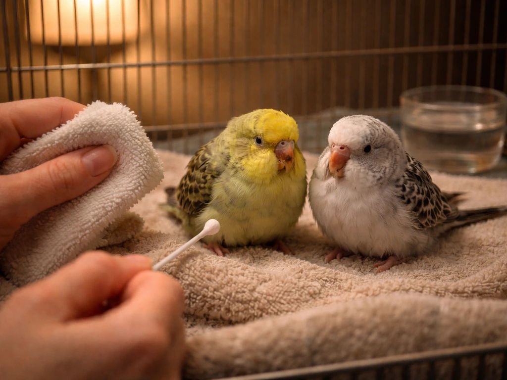 Two pet birds together in a warm cage while a caregiver gently checks them for respiratory illness signs.