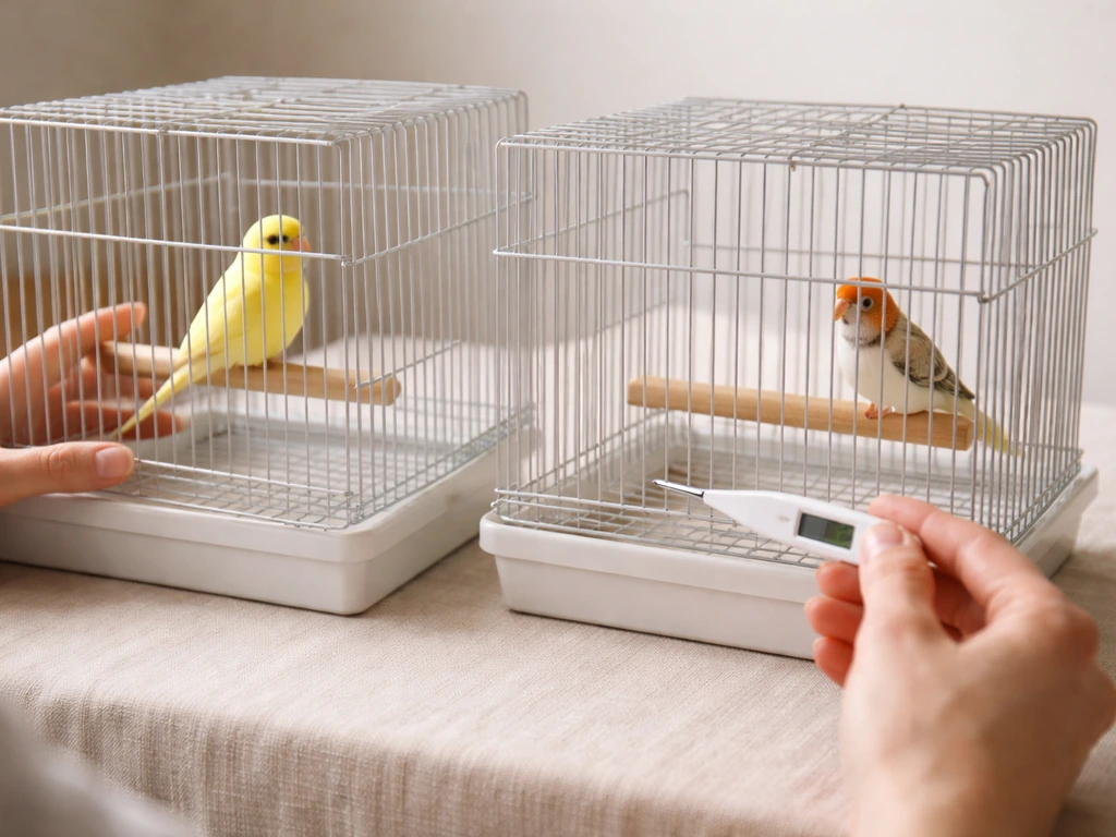 Two pet birds in separate cages while a caregiver gently checks breathing signals with a thermometer nearby.