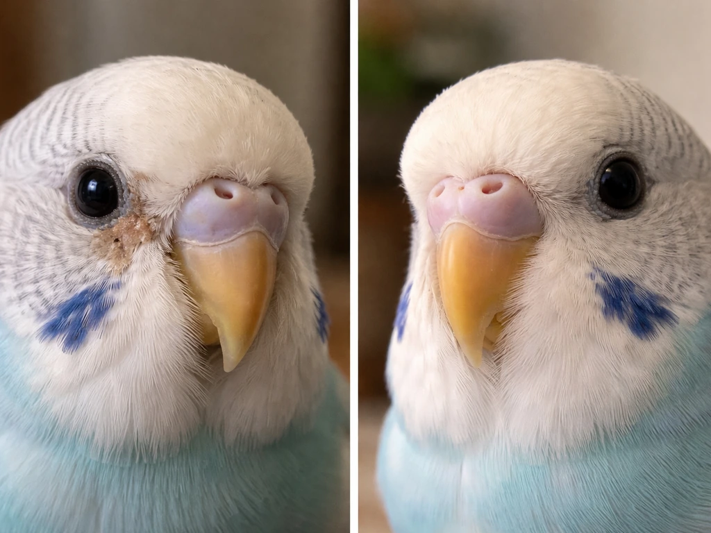 Close-up comparison of two small birds’ eyes and beaks, with one showing watery/crusty discharge and slight puffiness.