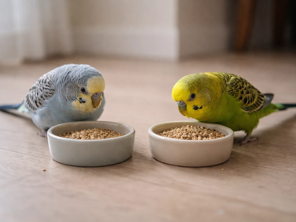 Two pet birds at seed/pellet bowls—one hunched and fluffed with little eating, the other normal.