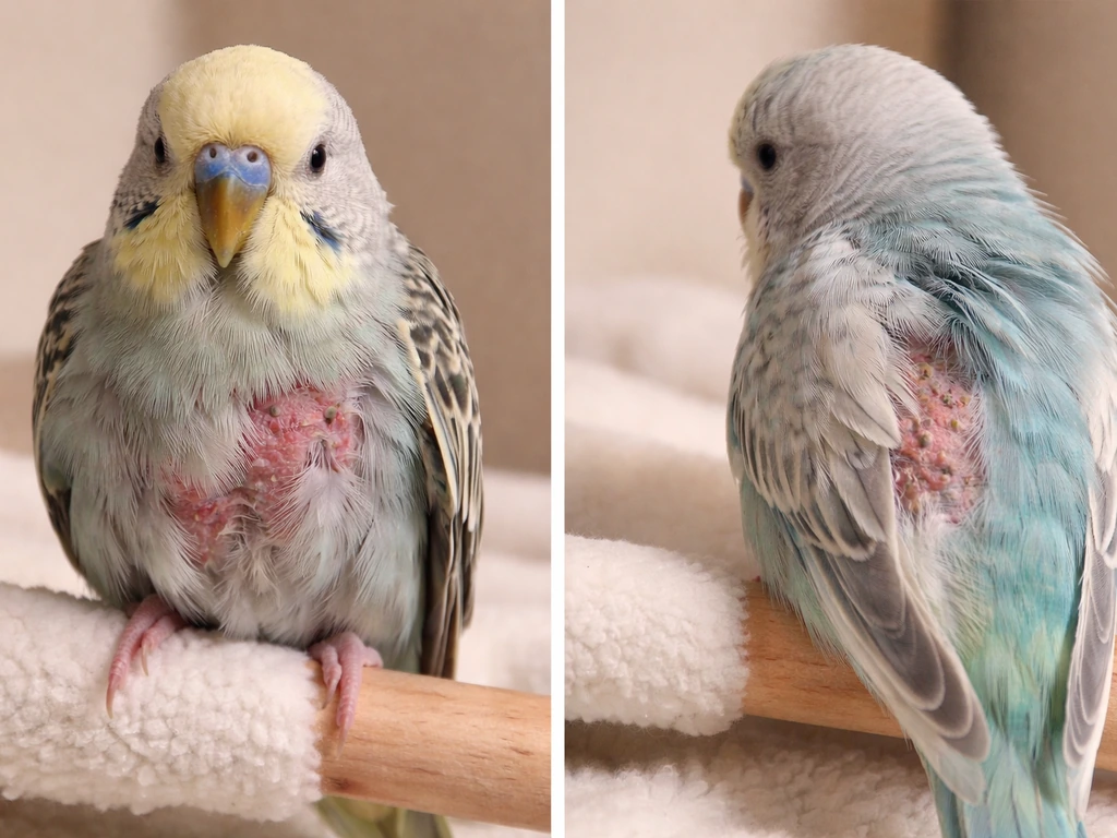 Close-up of two small birds with ruffled feathers and slight feather loss, showing subtle skin irritation