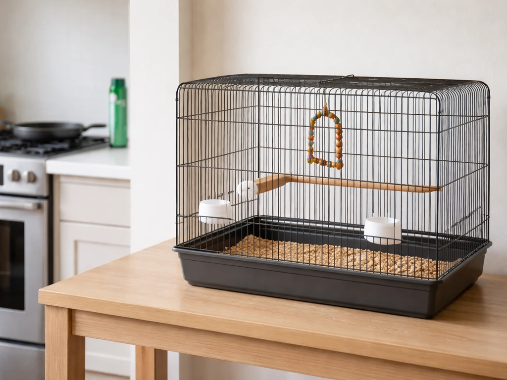 Pet-bird enclosure kept away from a kitchen stove and an aerosol can, suggesting toxic fume risk.