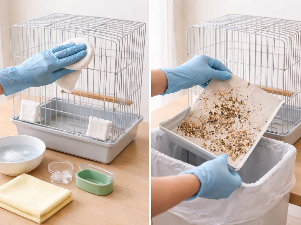 Person cleaning a small bird cage at home, removing liner and wiping bars with unscented soap