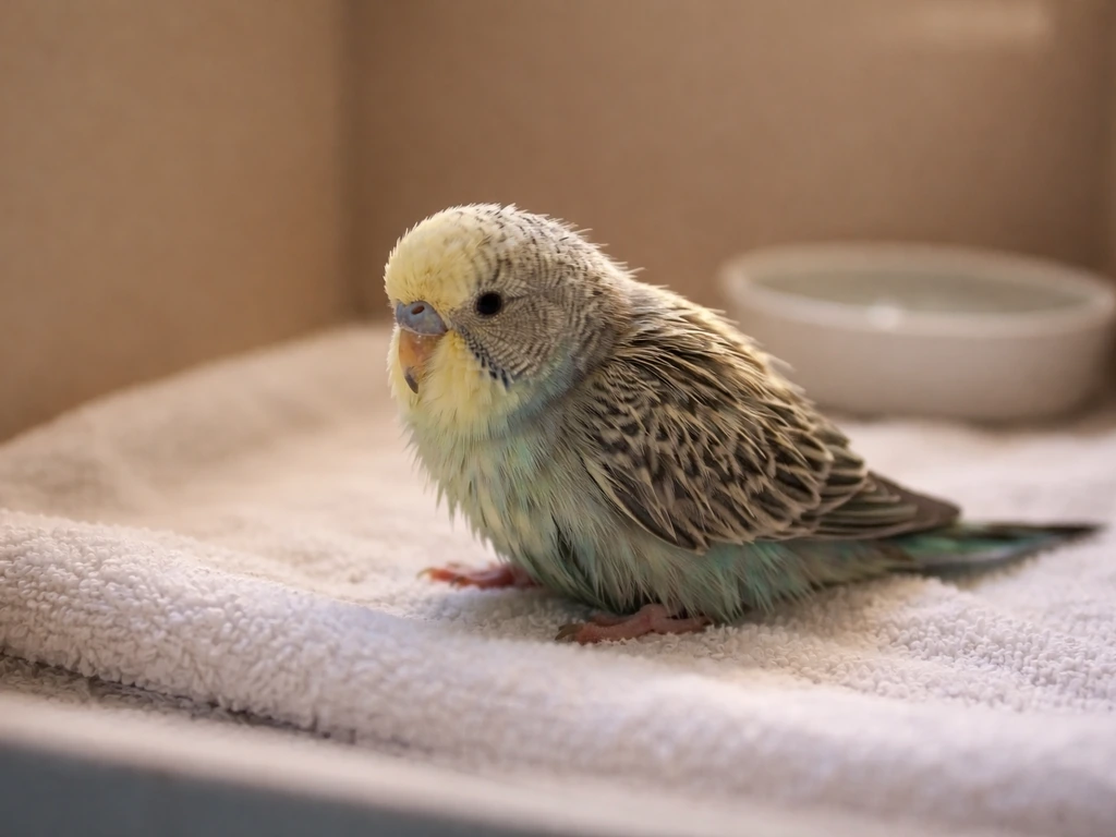Small pet bird with dull, weak posture on a towel, suggesting dehydration and urgent first aid need.