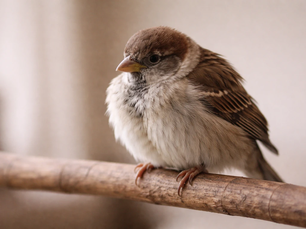 Small bird fluffed slightly and sitting quietly in a simple indoor perch setting