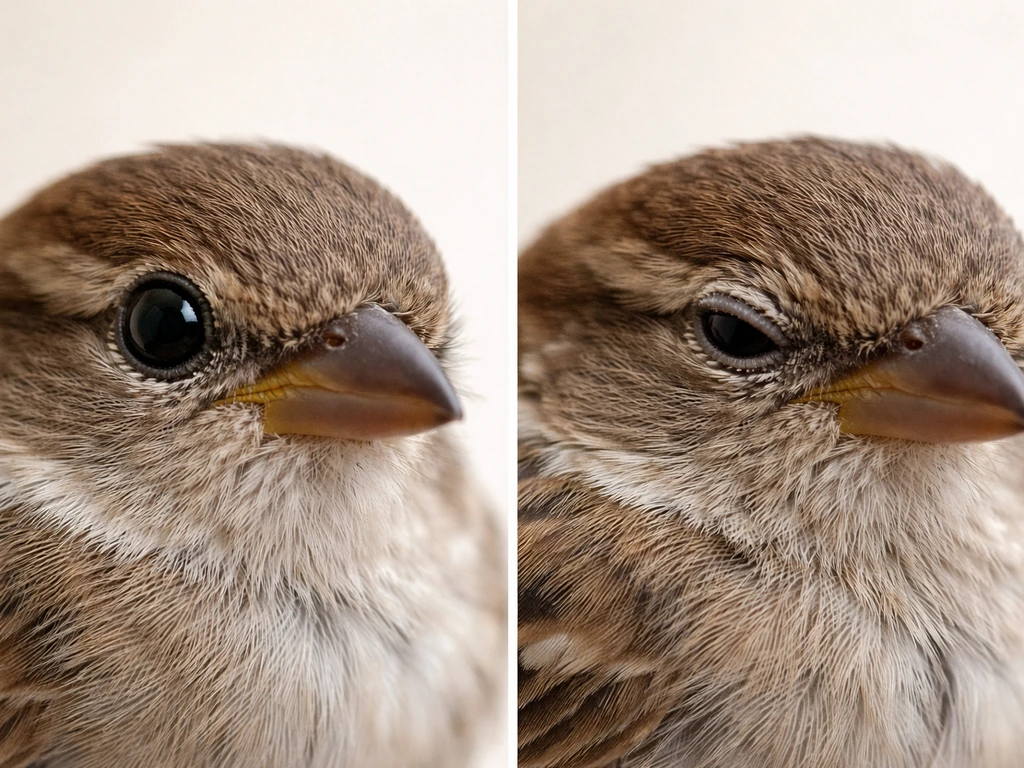 Split close-up of a hydrated bird’s bright alert eyes versus a dehydrated bird’s dull sunken eyes.
