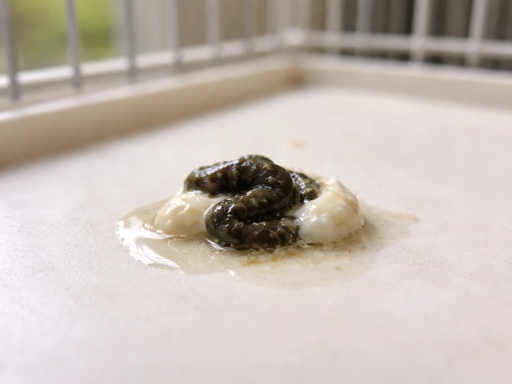 Close-up of small bird droppings on a cage floor showing dark solids with white urates and clear liquid