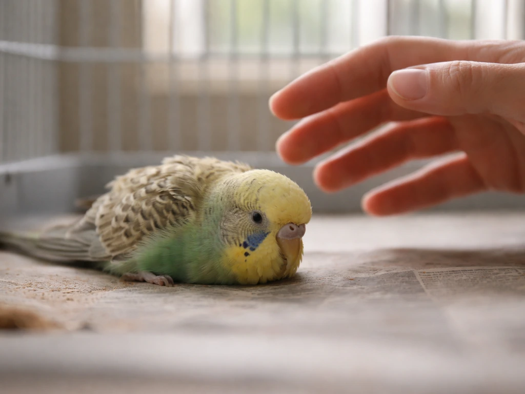 Distressed small pet bird on cage floor with a hovering hand, suggesting immediate avian emergency care.