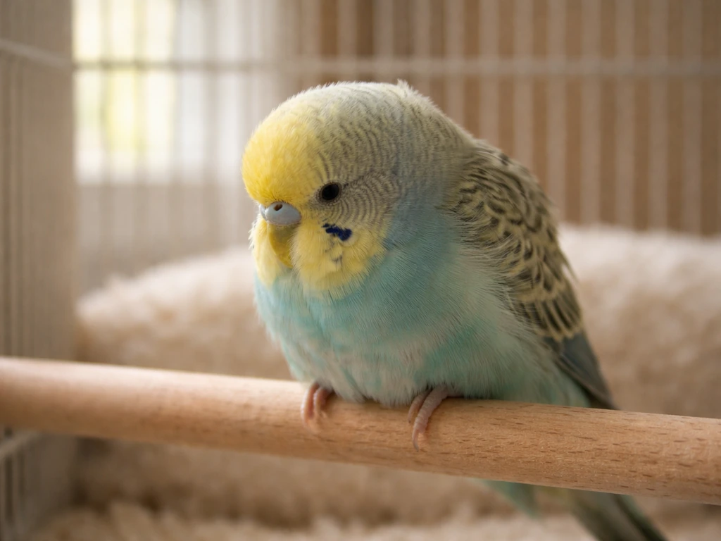 Close-up of a small pet bird on a perch, fluffed feathers and lowered alertness in a quiet cage.