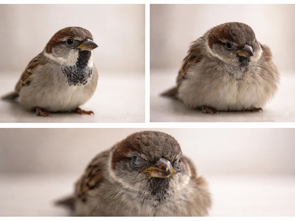 Three views of a small bird: upright alert with bright eyes and clean beak, versus hunched with fluffed feathers.