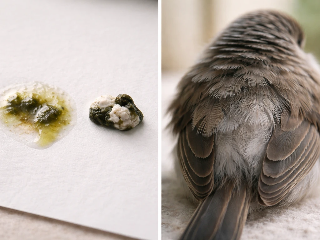 Close-up comparison of mild watery droppings vs normal droppings and fluffed, slightly damaged feathers.