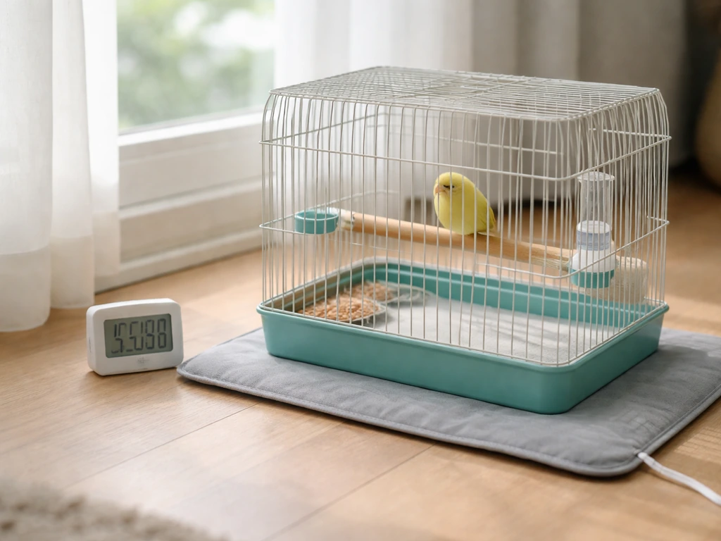 Sick bird brooding setup at home: heating pad on low under one side of a small cage.
