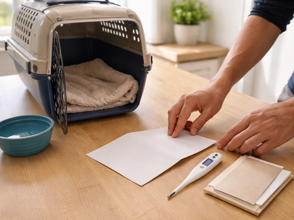 Hands arranging a pet carrier, water dish, blank note sheet, thermometer, and records for an emergency vet visit.