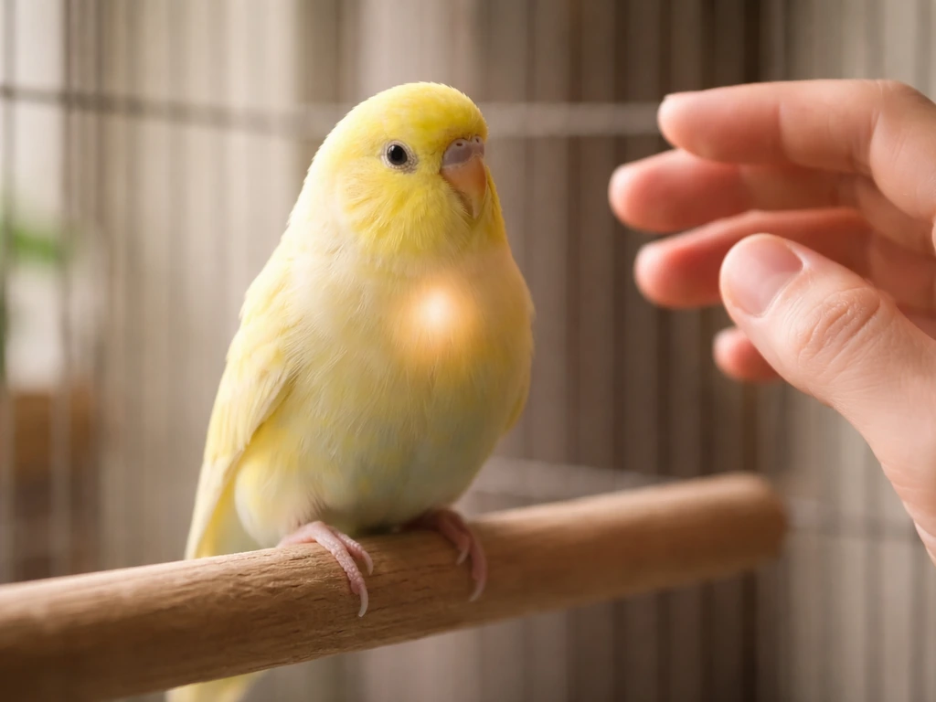 Close-up of a pet bird perched near a caregiver’s hand, calm setting suggesting breathing and throat area focus.