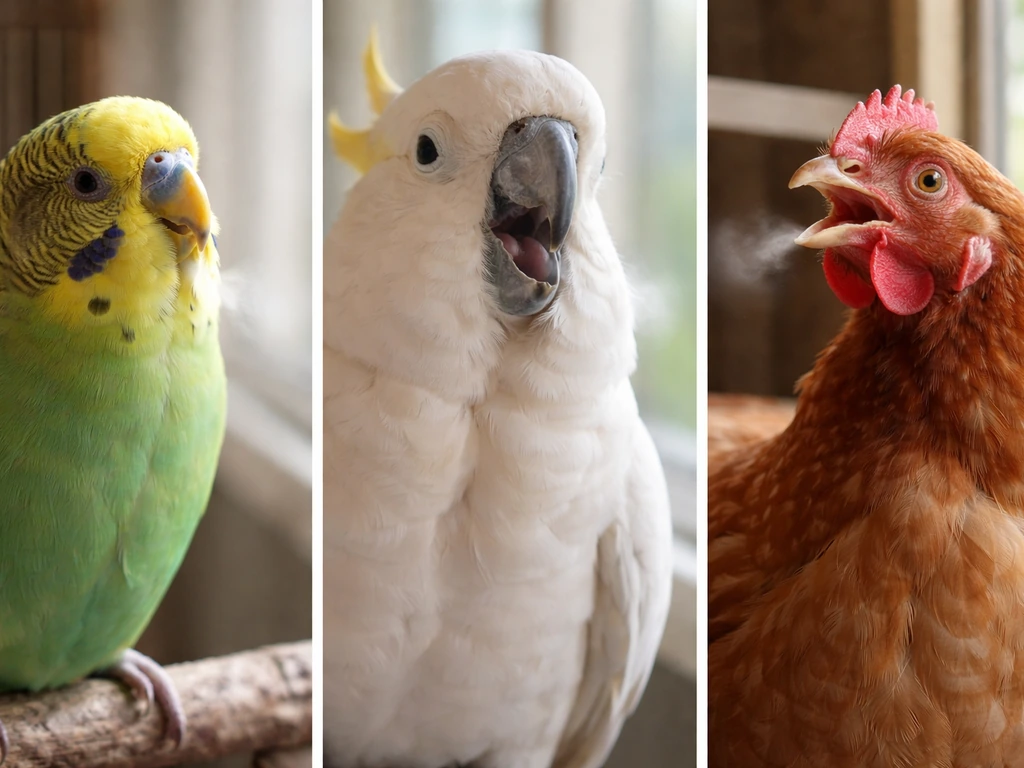 Close-up views of a budgie, cockatoo, and chicken, each focused on throat/chest area during subtle coughing.